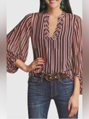 Cabi Ultimate Blouse Womens S Striped Sheer Tunic Ballon Sleeve